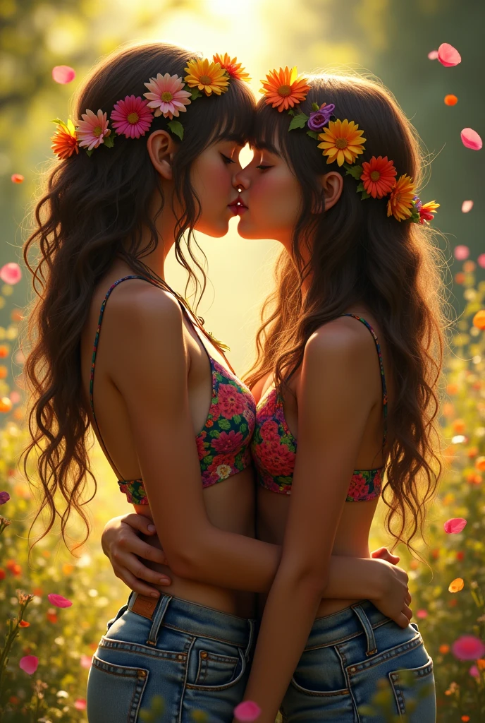 13 year old hippie girls dressed in low cut halter tops and shorts flowers in their hair kissing passionately