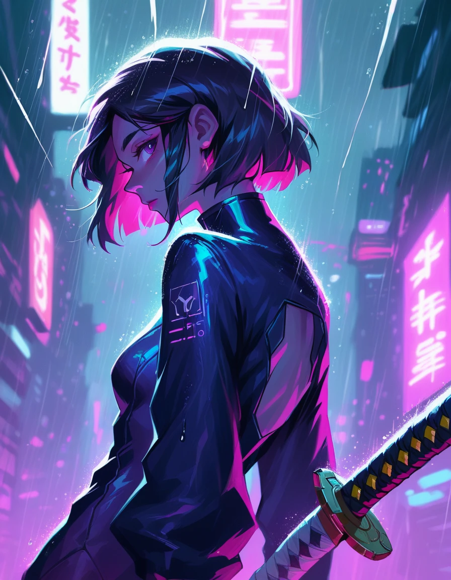 Digital artwork featuring a cyberpunk style. The layout is vertical, with a female character as the central subject. She has long, dark hair tied back, and her skin is pale. She is dressed in a tight, black, futuristic outfit that glistens in the rain. She holds a katana in her right hand, the blade reflecting the neon lights around her. The background is a rainy, neon-lit cityscape with vibrant signs in pink, green, and purple hues. Silhouetted figures walk in the distance, adding depth to the scene. The overall atmosphere is dark and moody, with a strong emphasis on the contrast between the character and the colorful, rainy environment.anatomically correct, super detailed, high quality, 4K