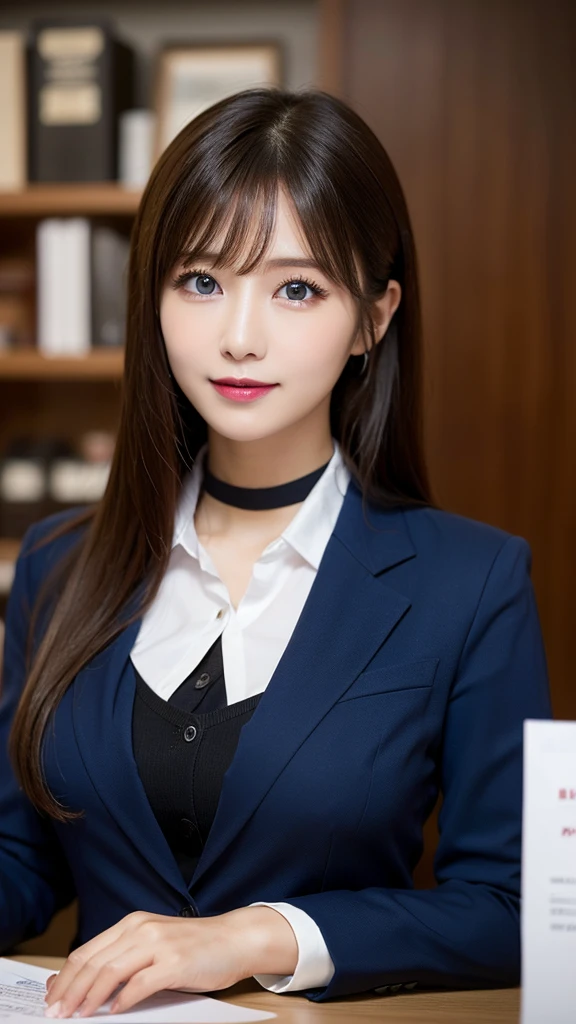 table top, highest quality, super detailed, finely, High resolution, 8k wallpaper, perfect dynamic composition, beautiful and fine eyes,  natural lip,blazer , Dark blue business suit , big breasts, whole body, blue eyes , black choker , parlor , natural makeup, Beauty secretary , smile, japanese woman  , bangs , holding a stack of documents