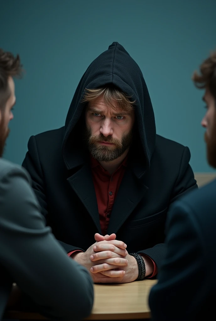 Create Luke A New Man (age 25), has a beard with a high brown tuft , your look is sad and depressed, without hope, because he accidentally caused the death of his son.He wears a black coat and the hood is on his head, Red shirt that is hard to see and a black bracelet on the right hand. Your hands are on a circular table where two more men are sitting.. The photo only shows the backs of the two men, while luke appears (half up) and behind is a blue wall