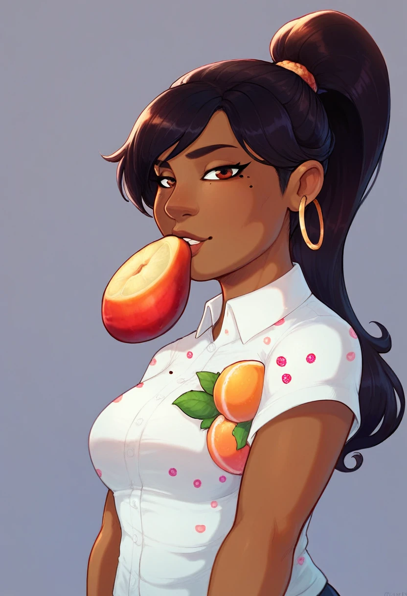 score_9, score_8_up, score_7_up, BREAK, 1girl, solo,  leshawnatd, dark skin, ponytail, mole under eye, hoop earrings, white shirt, food print, fruit, short sleeves, breasts, portrait, looking at viewer, upper body,