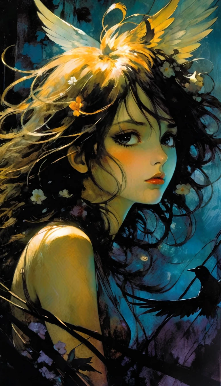 masterpiece, illustration, anime, 1girl, sexy, floral, cloud, bird, flow, hair over eyes, hair over one eye, (((ultra detailed))), softcore, kawaii,eroticism, sexy,, between shadows, oil painting, chiaroscuro, sensual, dramatic lighting, moody atmosphere, photorealistic, intricate details, masterpiece, ultra-detailed, high quality, 8k, best quality, realistic, cinematic, dark and brooding, expressionistic, powerful composition, emotional impact, art inspired by Bill Sienkiewicz and Dave Mckean