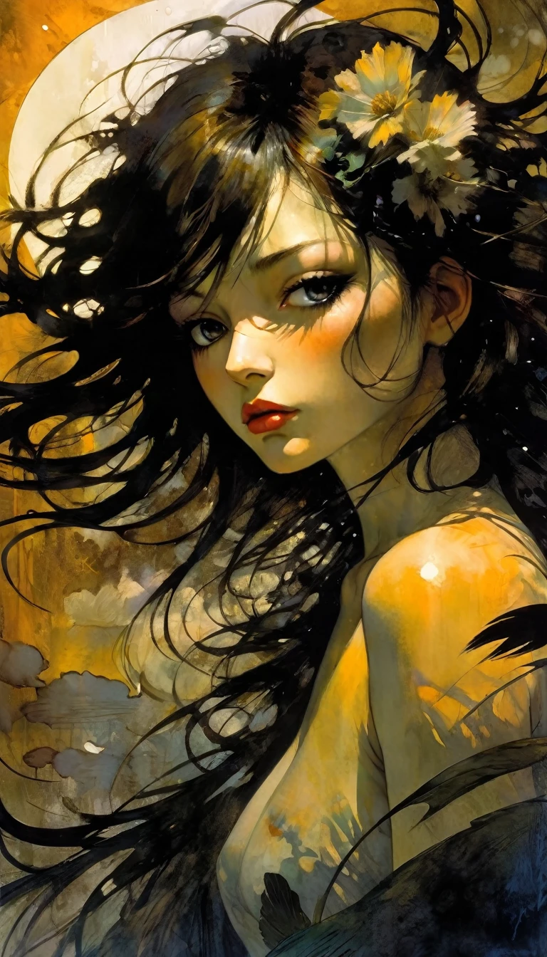 masterpiece, illustration, anime, 1girl, sexy, floral, cloud, bird, flow, hair over eyes, hair over one eye, (((ultra detailed))), softcore, kawaii,eroticism, sexy,, between shadows, oil painting, chiaroscuro, sensual, dramatic lighting, moody atmosphere, photorealistic, intricate details, masterpiece, ultra-detailed, high quality, 8k, best quality, realistic, cinematic, dark and brooding, expressionistic, powerful composition, emotional impact, art inspired by Bill Sienkiewicz and Dave Mckean