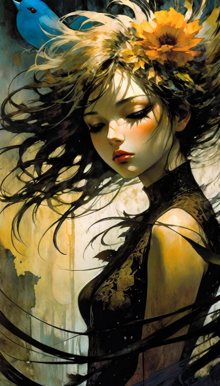 masterpiece, illustration, anime, 1girl, sexy, floral, cloud, bird, flow, hair over eyes, hair over one eye, (((ultra detailed))), softcore, kawaii,eroticism, sexy,, between shadows, oil painting, chiaroscuro, sensual, dramatic lighting, moody atmosphere, photorealistic, intricate details, masterpiece, ultra-detailed, high quality, 8k, best quality, realistic, cinematic, dark and brooding, expressionistic, powerful composition, emotional impact, art inspired by Bill Sienkiewicz and Dave Mckean