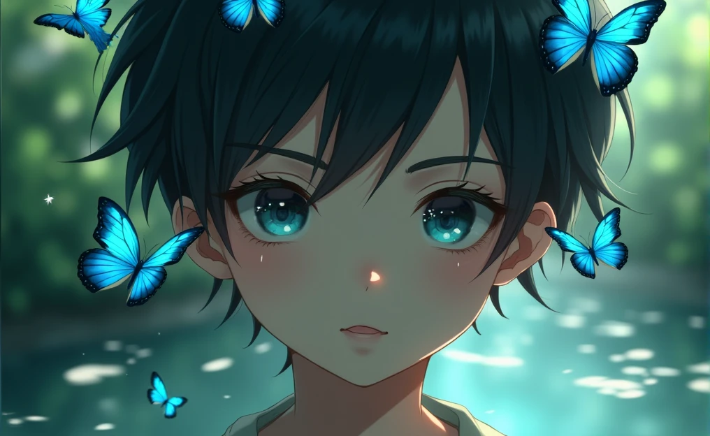 a close up of a semi realistic looking male character, with a delicate and expressive face. He has dark hair, short and somewhat disheveled, with blue-green butterflies perched on and around his head. The soft light that illuminates the face and butterflies highlights the details, giving an ethereal and magical feel to the scene.
The character is in a natural environment, apparently near a body of water, since you can see its reflection on the surface. His expression is calm and melancholic., with big eyes and soft lips.
The design and style suggest that the character is a young man., probably a boy, due to facial features and expression.
