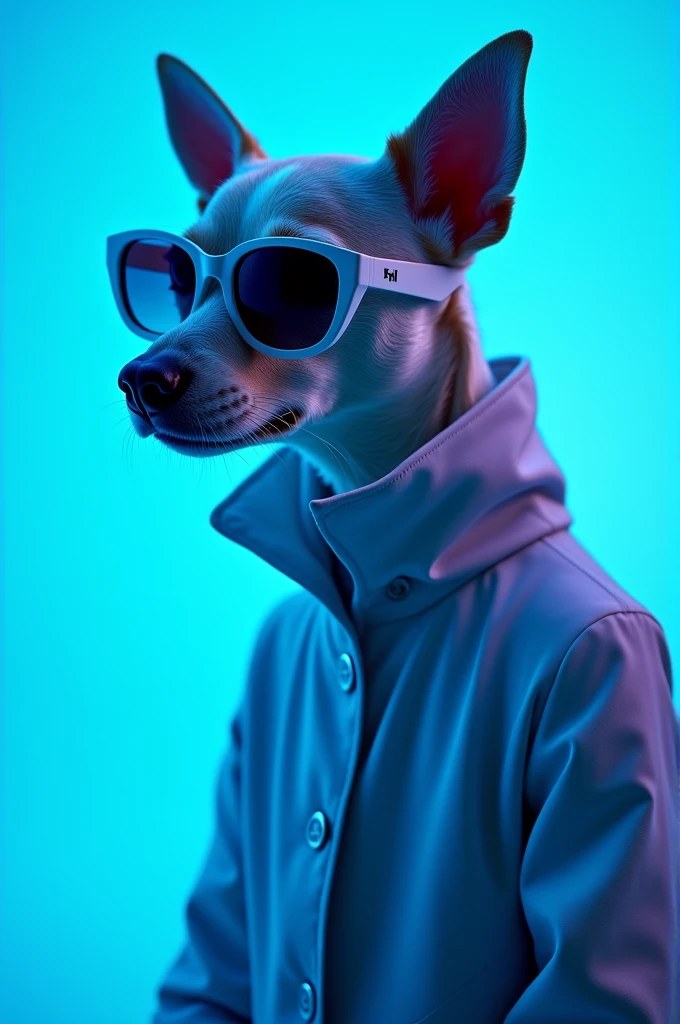 The best cell phone wallpaper, Award-Winning Wallpaper, portrait photography, In the front view is a portrait of a cute dog wearing mid-1960s space age fashion, Side view photo, Shot with Canon EOS R5, Set a strong contrast that accentuates the subject, Fluorescent blue tone, Wearing a very modern coat and sunglasses is a modern 1960s style, Clothes all in one color, beautiful background