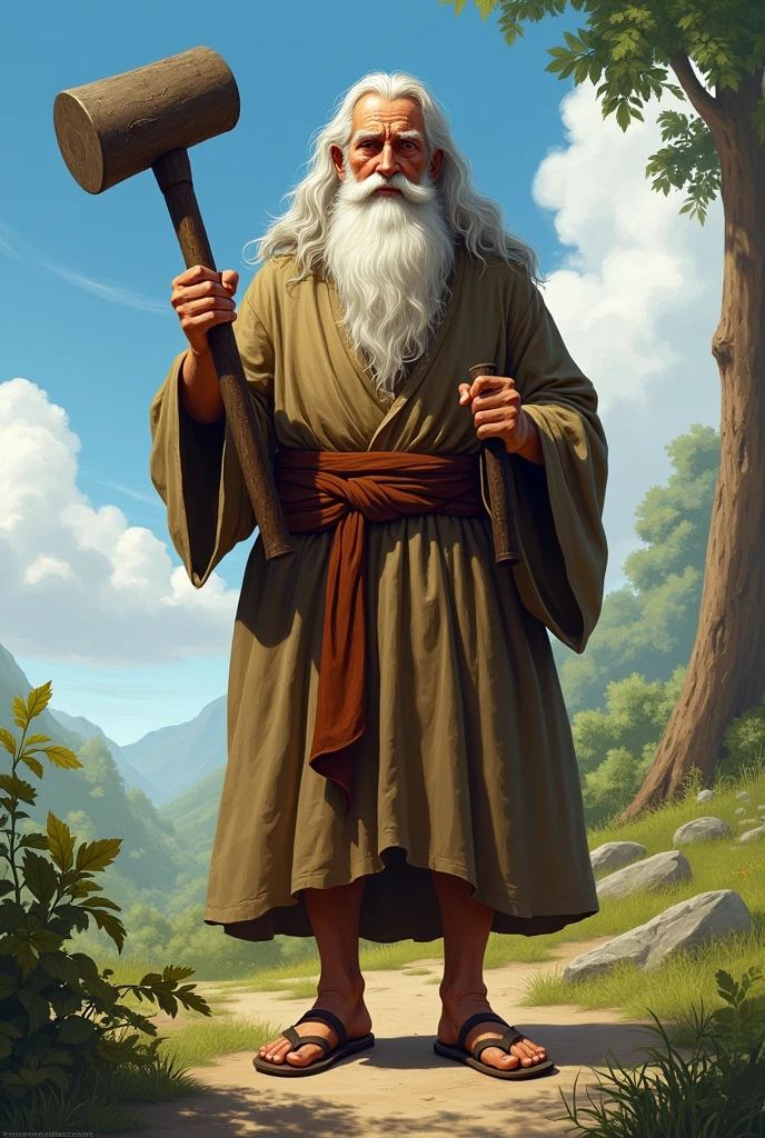 Old man noah holding a hammer