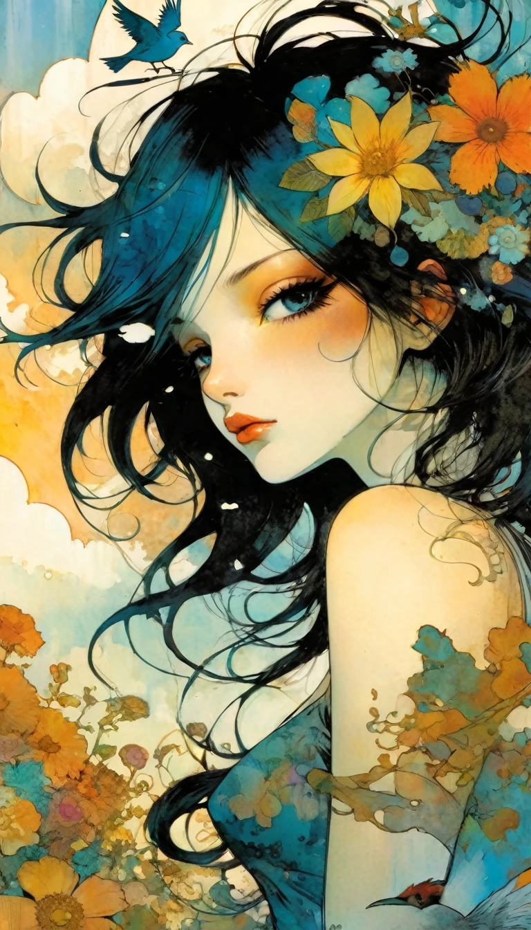 masterpiece, illustration, anime, 1girl, sexy, floral, cloud, bird, flow, hair over eyes, hair over one eye, (((ultra detailed))), softcore, kawaii, art inspired by Bill Sienkiewicz and Dave Mckean