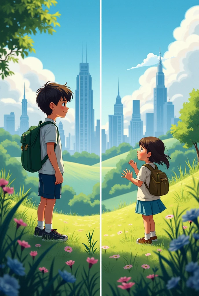 Image of a boy and a girl in a split panel the man is in the city and the woman is in the countryside