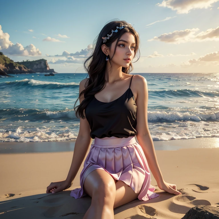 (masterpiece, best quality:1.5), highest quality, High resolution, super detailed, Realists, Full body photo of a black-haired 22-year-old woman, detailed and beautiful eyes, beautiful detailed lips, very detailed eyes and face, longeyelashes, 22 year old woman in a chiffon top, Beautiful and colorful makeup, elegant and noble々Pose,shiny satin headband,, Beach and sea as background, bright daylight, bright colors, fine brushstrokes, Portrait style, beautiful color palette, glowing skin, First-class rendering, that captures every detail, enchanting atmosphere, (perfect anatomy:1.2), (The stunning woman wears a chiffon tank top and a short pleated satin skirt (magnificent panorama view:1.2)