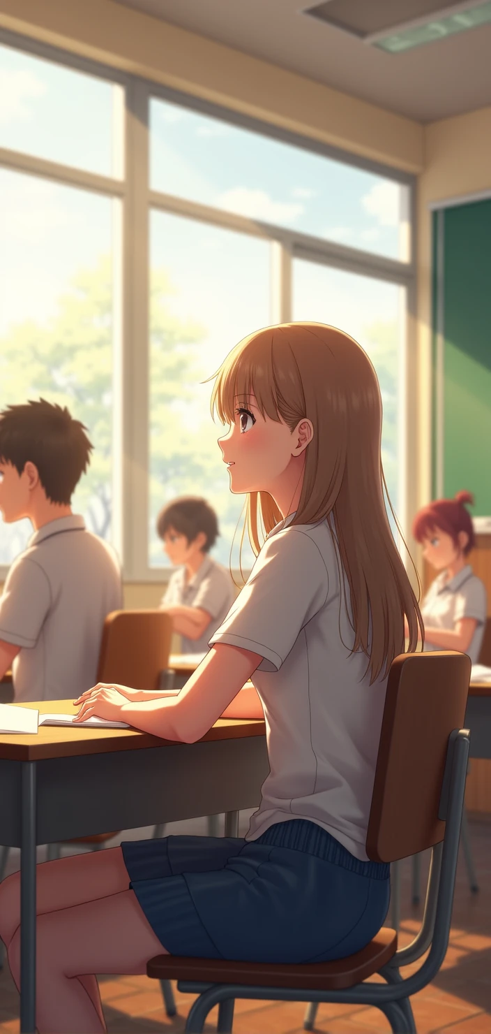a young adult, in profile with straight light brown hair, smiling looking forward, light eye, sitting down on chair, chair in front of him empty, fund: school classroom with students and teacher. Estilo アニメ, realisitic, sunlit, アニメ realisitic, desenho realisitic, アニメ