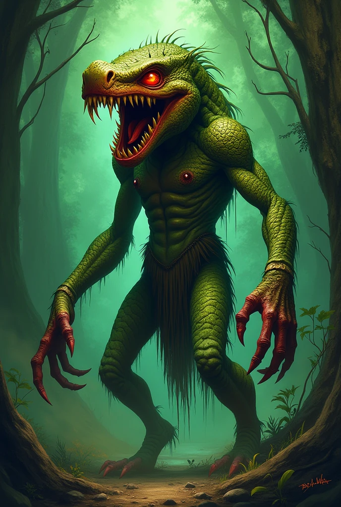 Monstrous and ugly humanoid creature with a snake face and a completely skeletal, almost cadaverous body with greenish skin and a body full of disgusting scales and female breasts, with deformed and scaly feet, half dark academia, Estilo da DC Comics, Estilo da DC Comics