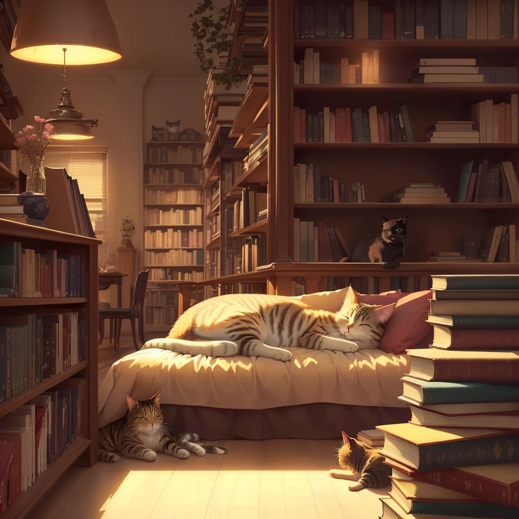 there is a cat sleeping on a bed in a the library, the library background, A relaxing environment, relaxing concept art, cozy place, relax vibe, anime background, anime background art, anime cat, cozy atmosphere, background = the library, Cozy wallpaper, in a the library, anime image of a cute cat, anime aesthetics, lofi art, Next to the cat is a book