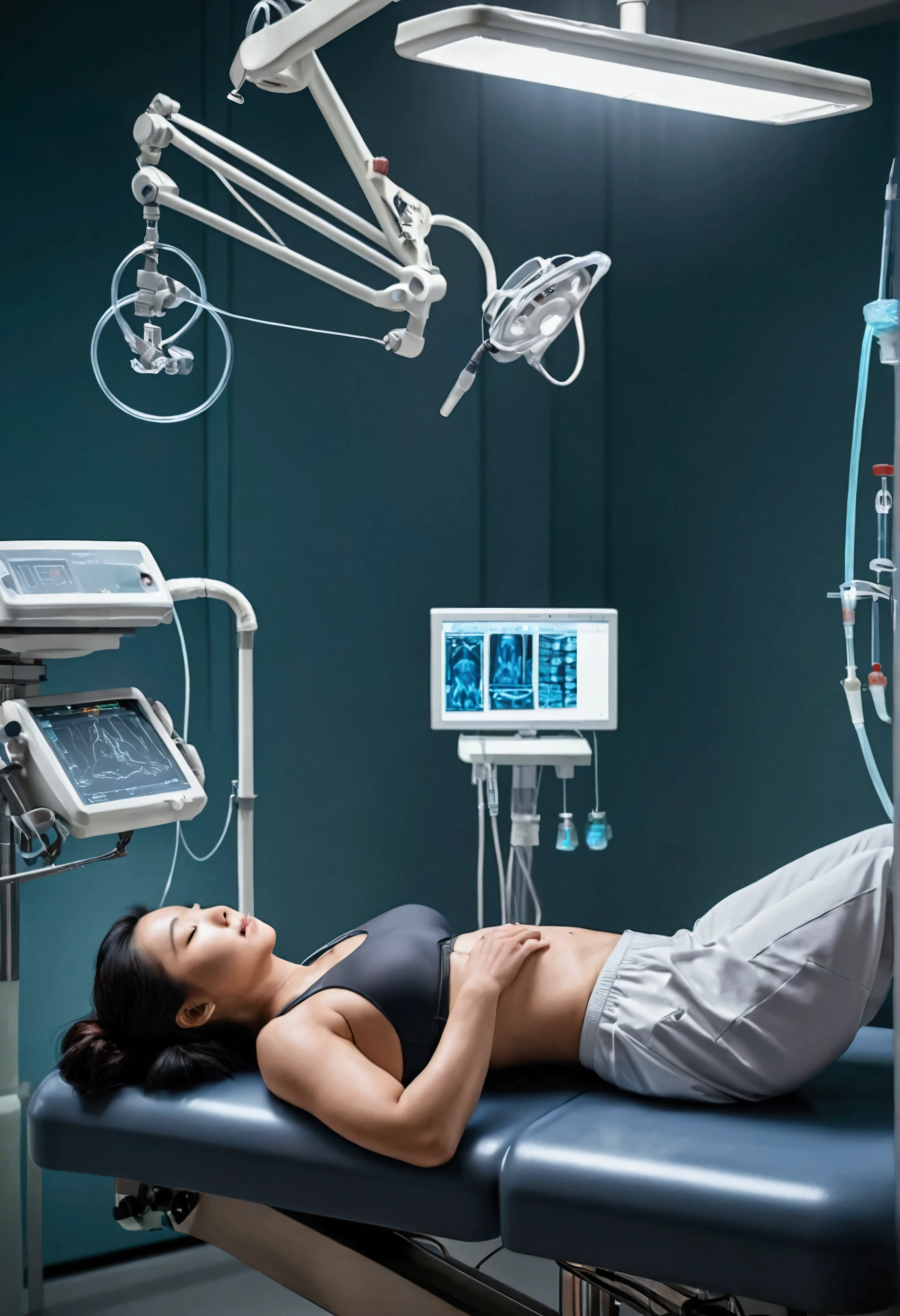 Beautiful muscular 30 year old asian woman wearing sports bra and long pants lying down on her back on steel operating table in operating room with lots of medical equipment next to her. Sweaty. Medical tubes and lines attached to her body. Female nurse standing next to her. Photo taken from side