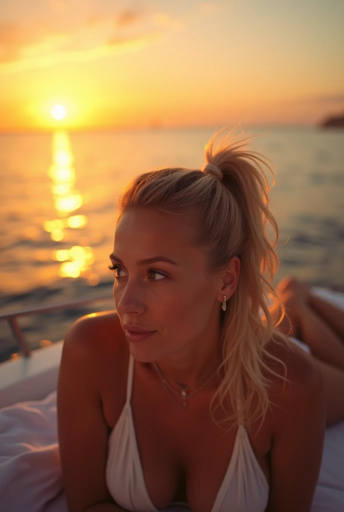 (Lying face down:1.6), lying on the deck, , selfie, Extreme sunset , hair ponytail, Polaroid, Kodak portra 400, dof 85mm, beautiful (blonde) European woman, in her 30s, standing on a yacht, (during sunset:1.6), golden hour, wearing white thong bikini, thick body and thighs, partly visible derriere