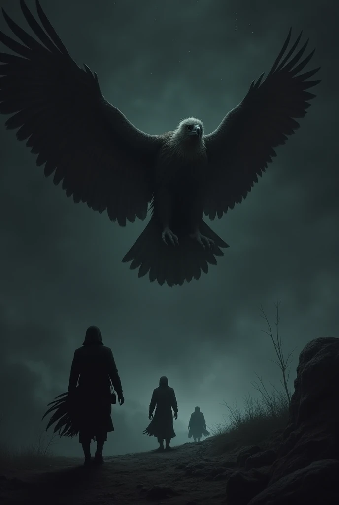 Create a vulture flying quite high in the dark sky stretching its wings but only showing black and people dressed in black 