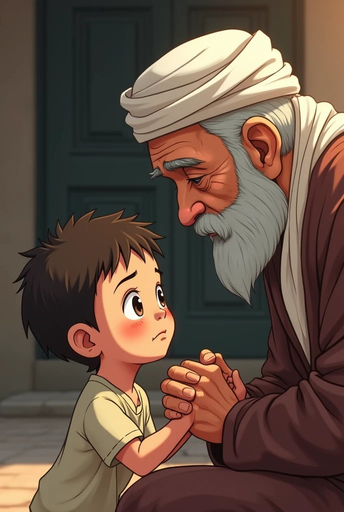 Anime of a -year boy sing a crying old Bahraini man on his hand