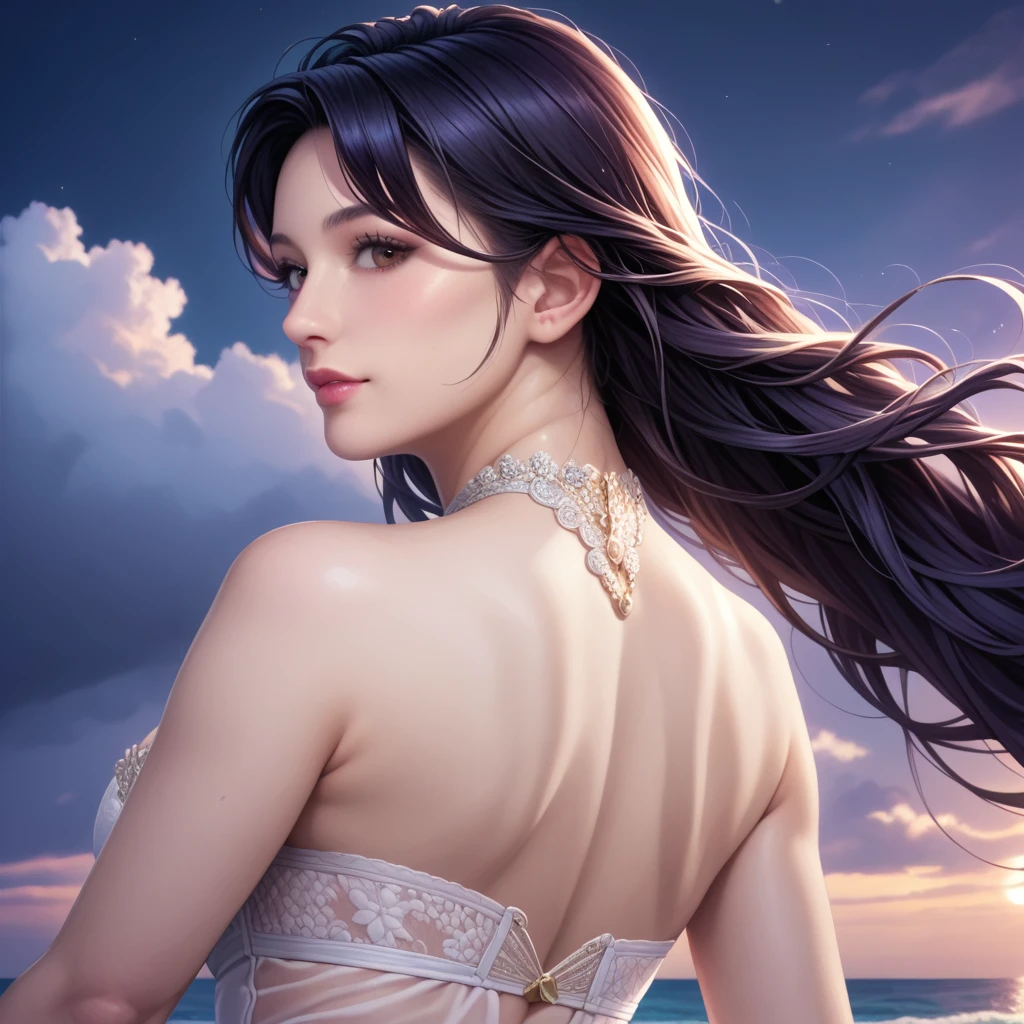 score_9, score_8_superior, score_7_superior, High resolution 3D anime style,A masterpiece in 32K resolution,Highest quality,it is really amazing,Very detailed,Ultra-high resolution,Ultra-realistic,Realistic,Increased depth of field,Cinematic lighting,
(Elegant mature Japanese woman:1.2),
(Straight long hair with black hair:1.1),(Ultra-detailed and beautiful face:1.1),(Calm and gentle look:1.1),Beautiful brown eyes,Translucent white skin,Realistic skin texture,Great proportions,
Elegant swimwear,
Summery design,Chic color scheme,Beautiful and delicate decoration,Detailed fabric texture,
(Dark overcast sky on a dull night:1.1),(Dark clouds filling the sky:1),(Thundercloud:1),Coastline at night,Stormy seas,(delay々A desolate sandy beach that continues:1),
dramatic,(Beautiful back view:1.2),