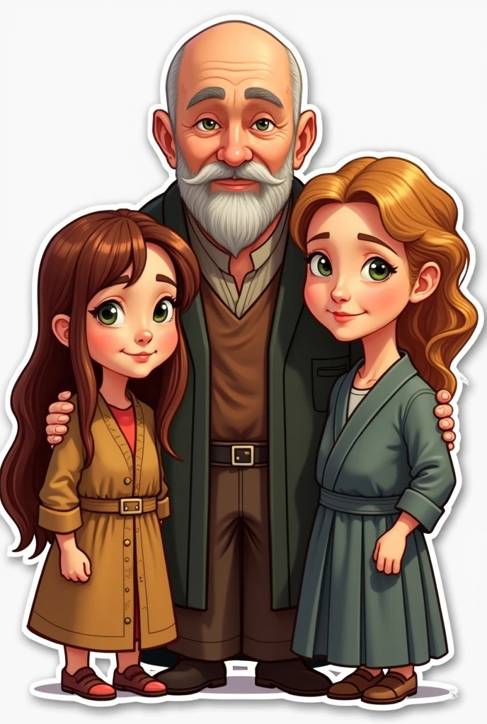 A family, A white man, Cao Cao, almost bald, brown beard, greeneyes, next to a white woman de greeneyes com o cabelo castanho-acobreado, straight and without bangs parted in the middle, next to a white woman, greeneyes, curly and blonde hair, illustration style, sticker