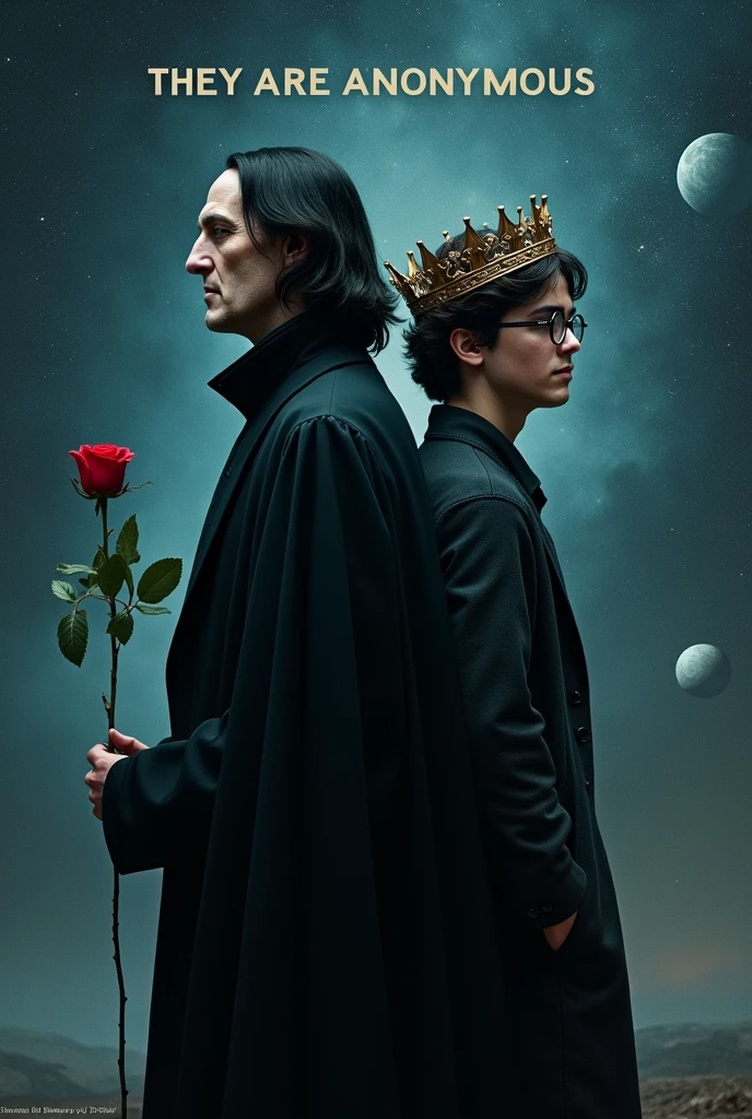 In the picture, Severus Snape should be standing with his back to him with a red rose in his hand, Harry Potter&#39;s 17-year-old self leaning back to back, in glasses with a crown on his head. The background is outer space, hello stars, smaller planets and the two characters should stand on a planet. The inscription THEY ARE ANONYMOUS should appear at the top of the image.