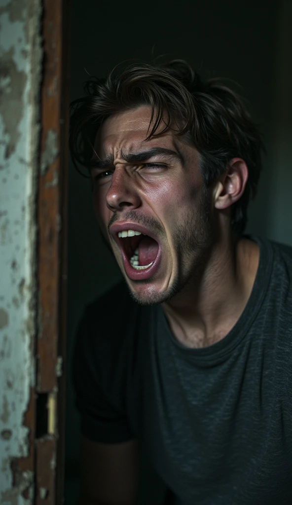 Young man trapped in an abandoned house and crying