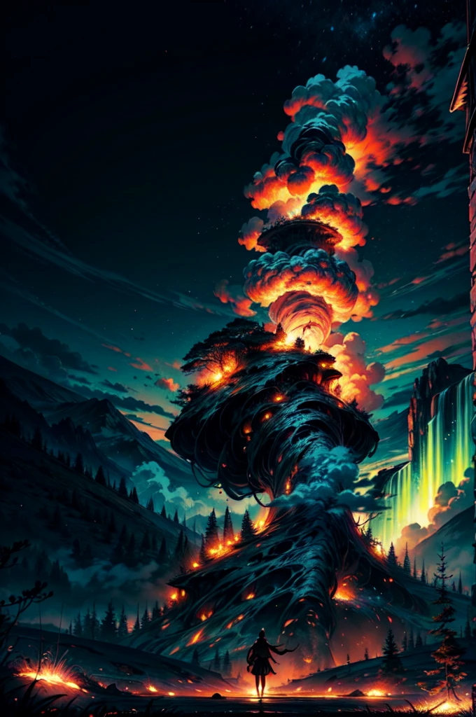 (best quality,4k,8k,highres,masterpiece:1.2), ultra detailed, (realistic,photorealistic,photo-realistic:1.37), HDR,UHD,studio lighting,ultra-fine painting,sharp focus,physically-based rendering,extreme detail description,professional,vivid colors,bokeh,landscape,volcanic island,giant volcano,front view,smoke rising up to the sky,magma raging,teeming with fiery details,crimson lava flowing,fiery glow illuminating the surroundings,ominous atmosphere,seas of molten rock,steaming vents and fumaroles,striking contrast between the fiery volcano and the serene landscape,awe-inspiring spectacle,stormy clouds swirling above,lucent colors of the sunset casting a vibrant hue,sublime beauty of the natural world,breath-taking vista stretching into the horizon,dangerously beautiful scenery,overwhelming sense of power and majesty,evocative scene begging to be captured in paint or photograph,mesmerizing display of nature's raw energy. A Photorealistic masterpiece featuring full-canvas, photorealistic background of a serene Volcano as wallpaper. The grass and roses and Northern Lights with meteorites growing should be detailed and viewed from a mid-range perspective with green and gold tones and warm, golden-hour lighting with strong highlights and shadows. Best quality, high-res, masterpiece:1.2, ultra-detailed, realistic:1.37, horror, flaming magic, otherworldly plants, burning flames, luminous foliage, enchanted garden, mystical atmosphere, sinister shadows, haunting beauty, eerie glow, intense colors, dark aura, unearthly vines, fiery tendrils, dancing embers, alien landscape, ethereal flowers, magical energy, surreal scenery, shadowy figures, mysterious creatures, spellbinding illumination, unnatural growth, ominous presence, smoky haze, flickering light, spectral glow, intense heat, whispering flames, supernatural powers, glowing orbs, mystic spell, eerie ambiance, otherworldly beauty, spectral plants, transcendent vision