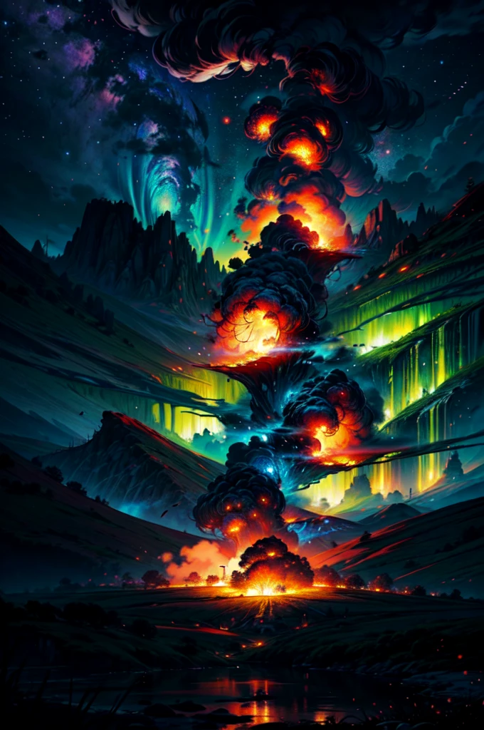 (best quality,4k,8k,highres,masterpiece:1.2), ultra detailed, (realistic,photorealistic,photo-realistic:1.37), HDR,UHD,studio lighting,ultra-fine painting,sharp focus,physically-based rendering,extreme detail description,professional,vivid colors,bokeh,landscape,volcanic island,giant volcano,front view,smoke rising up to the sky,magma raging,teeming with fiery details,crimson lava flowing,fiery glow illuminating the surroundings,ominous atmosphere,seas of molten rock,steaming vents and fumaroles,striking contrast between the fiery volcano and the serene landscape,awe-inspiring spectacle,stormy clouds swirling above,lucent colors of the sunset casting a vibrant hue,sublime beauty of the natural world,breath-taking vista stretching into the horizon,dangerously beautiful scenery,overwhelming sense of power and majesty,evocative scene begging to be captured in paint or photograph,mesmerizing display of nature's raw energy. A Photorealistic masterpiece featuring full-canvas, photorealistic background of a serene Volcano as wallpaper. The grass and roses and Northern Lights with meteorites growing should be detailed and viewed from a mid-range perspective with green and gold tones and warm, golden-hour lighting with strong highlights and shadows. Best quality, high-res, masterpiece:1.2, ultra-detailed, realistic:1.37, horror, flaming magic, otherworldly plants, burning flames, luminous foliage, enchanted garden, mystical atmosphere, sinister shadows, haunting beauty, eerie glow, intense colors, dark aura, unearthly vines, fiery tendrils, dancing embers, alien landscape, ethereal flowers, magical energy, surreal scenery, shadowy figures, mysterious creatures, spellbinding illumination, unnatural growth, ominous presence, smoky haze, flickering light, spectral glow, intense heat, whispering flames, supernatural powers, glowing orbs, mystic spell, eerie ambiance, otherworldly beauty, spectral plants, transcendent vision