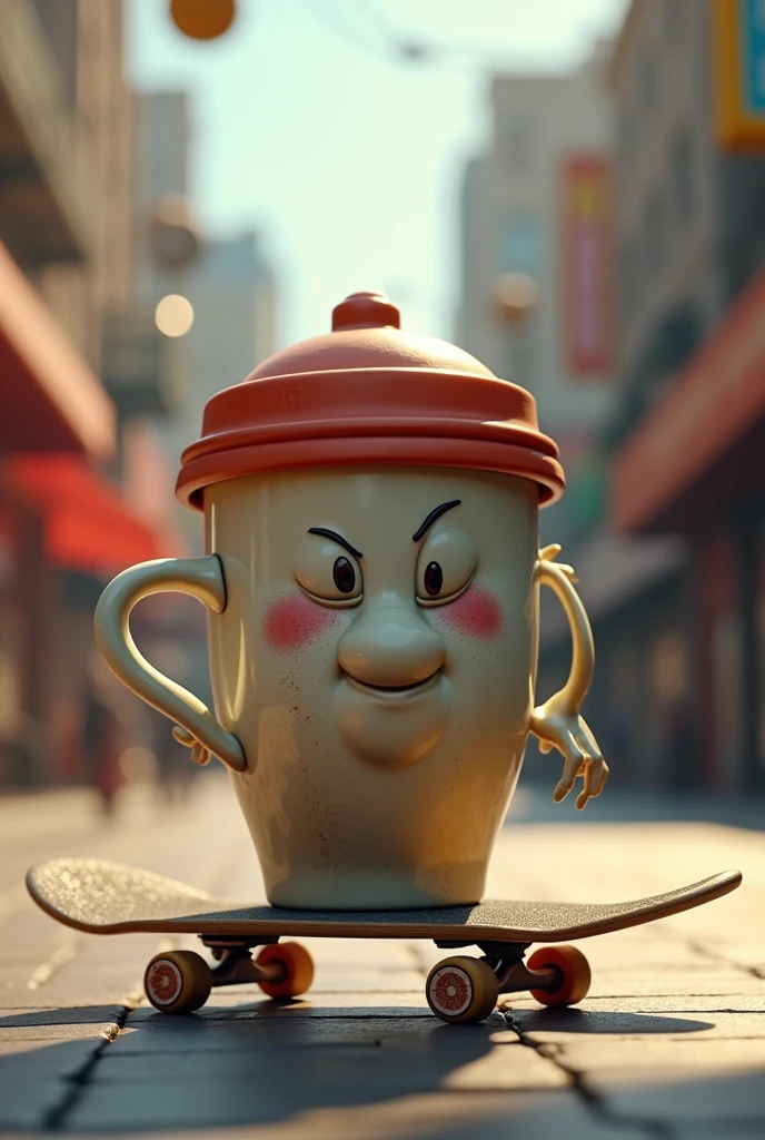 Coffee mug with a cap skating on a skateboard
