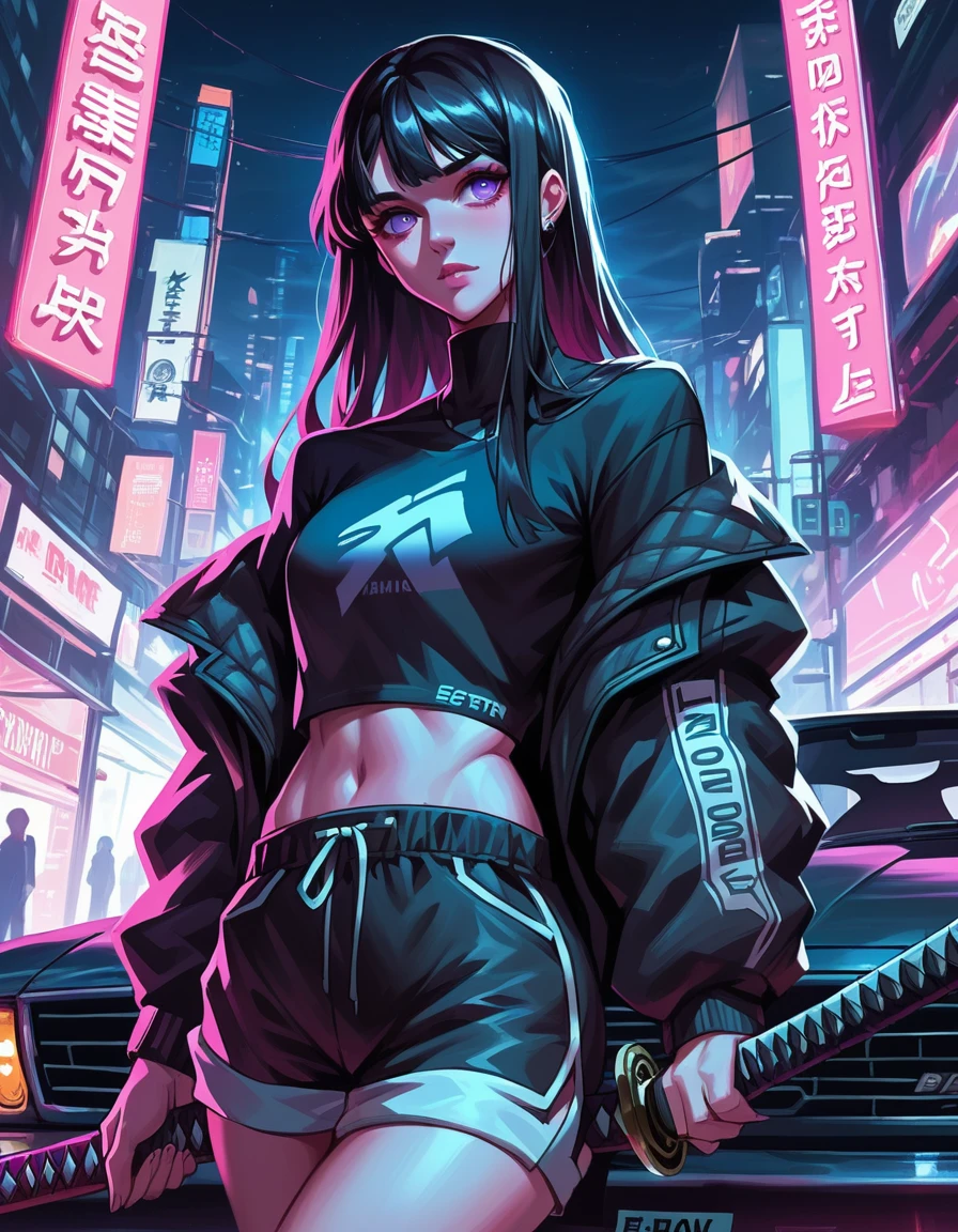 Digital artwork in an anime style, featuring a night-time urban setting with neon lights. The layout is dynamic, with a young woman as the central subject. She has long black hair, pale skin, and striking purple eyes. She is dressed in a black crop top, black shorts, and a black jacket with white text on the sleeve. She holds a katana over her shoulder. Behind her is a sleek, black sports car with a visible 'GT-R artvision1999' logo on the front. The background is filled with brightly lit billboards and signs, predominantly in shades of pink and blue, creating a vibrant, cyberpunk atmosphere.anatomically correct, super detailed, high quality, 4K