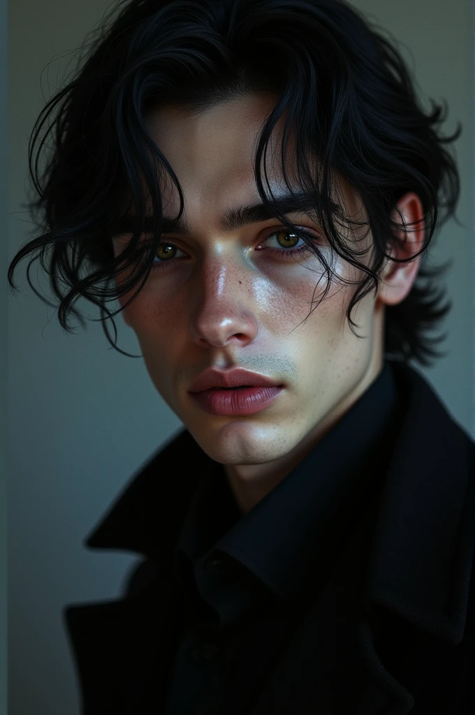 Twenty-two year old man, Outstanding features, marked jaw, dark-haired bastard with striking black eyes, long hair and a tendency towards dark romance, bonitas
