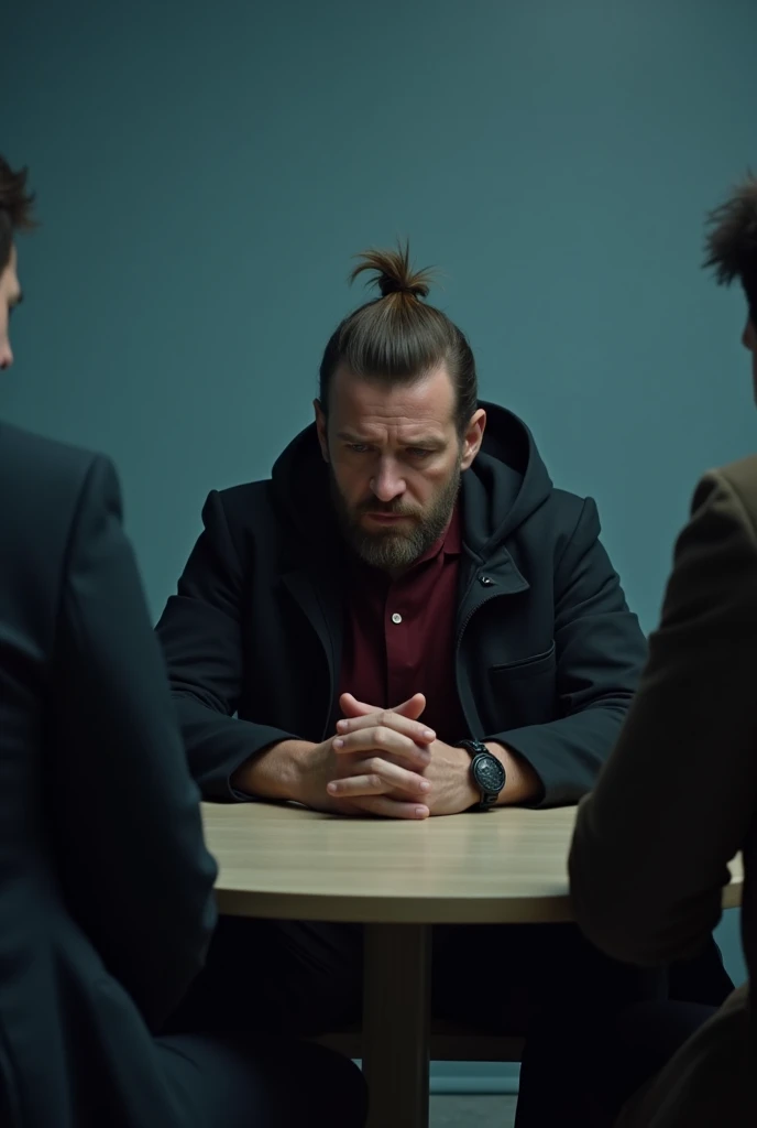 Create Luke A New Man, not old at all, has a beard BUT IT IS NOT BIG with a high brown tuft , your look is sad and depressed, without hope, because he accidentally caused the death of his son.He wears a black coat and the hood is on his head, Red shirt that is hard to see and a black bracelet on the right hand. Your hands are on a circular table where two more men are sitting.. The photo only shows the backs of the two men, while luke appears (half up) and behind is a blue wall