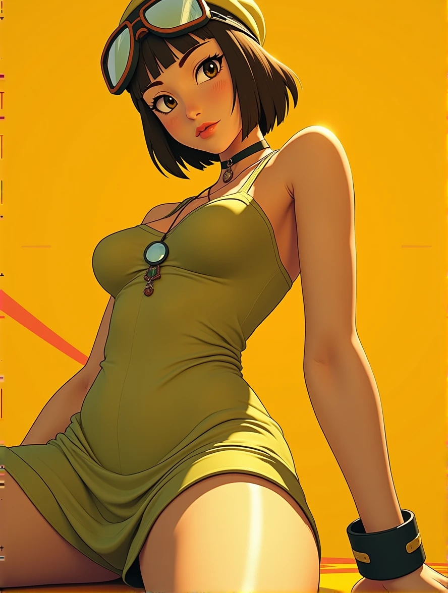 girl in short dress, wearing aviator hat, pulling knees close to chest, highly detailed, Jet Set Radio, 24k, video game render, Gum for m Jet Set Radio Future 