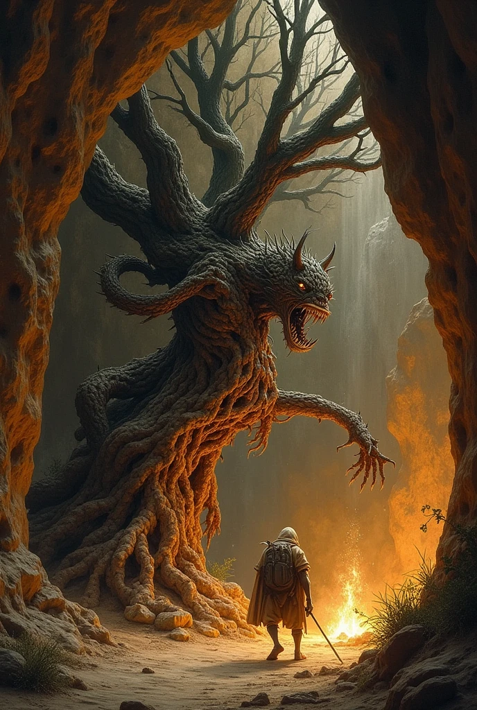 A dark cave painting, symbolizing a hideous creature attacking a large sacred tree.