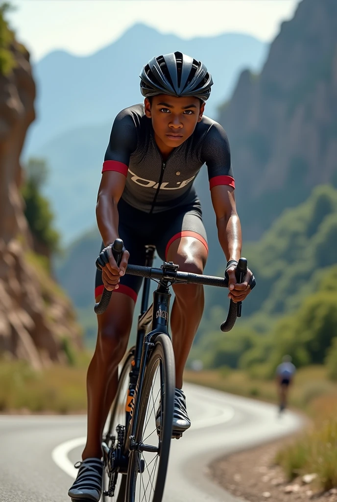 A dark-skinned boy doing professional cycling