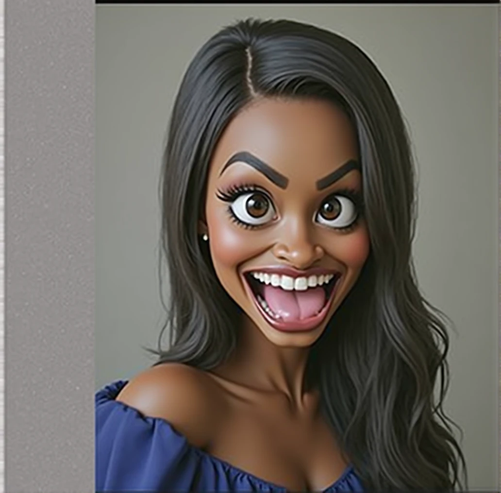 a detailed bodybuilder black woman with a big nose, Nicki Minaj, big forehead, long black hair, raised eyebrows, perfect teeth, wearing a blue dress, making the "trollface", cinematic lighting, hyper realistic, 8k hd resolution, highly detailed, photorealistic, masterpiece, big eyes, black skin tone,