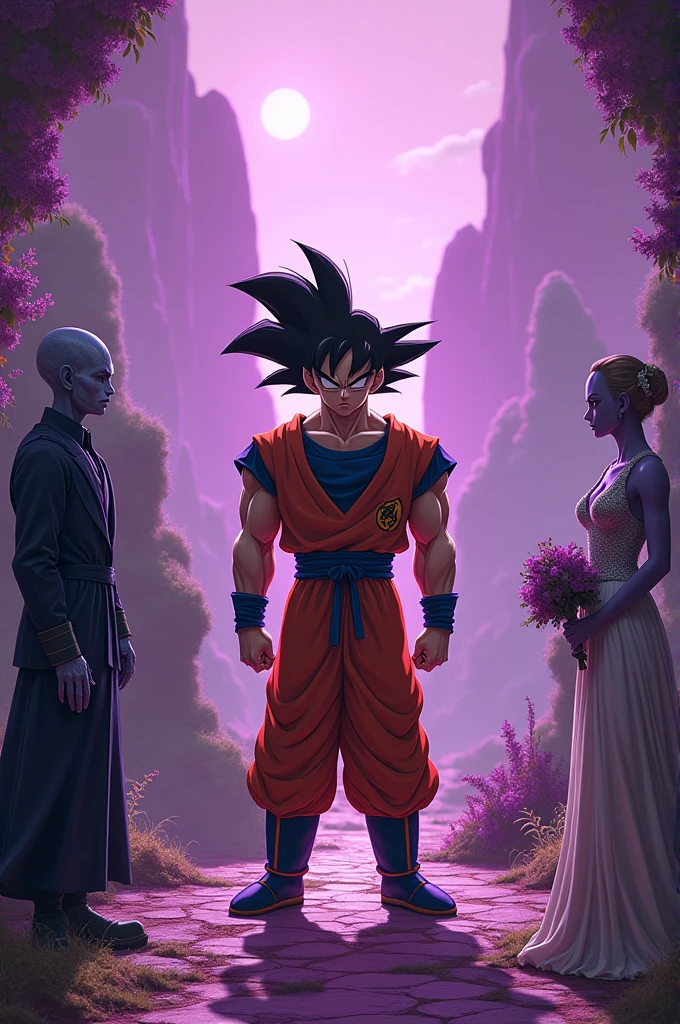 Goku interrupting an alien wedding held on a strange world never seen before. With beautiful purple lights, But Goku is angry because the alien is cheating on him with another alien.