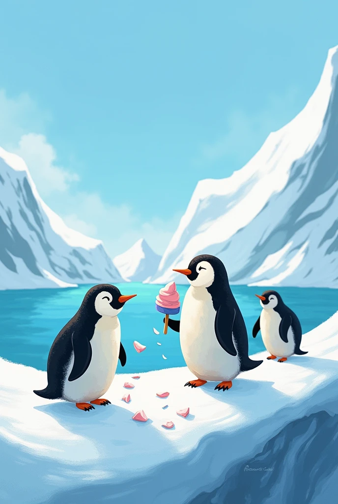 penguins on a happy day in an environment in Antarctica as the days go by they feel things warming up and the glaciers melting, When going to buy a popsicle, the ice cream breaks in half and the penguin is left far from his family..