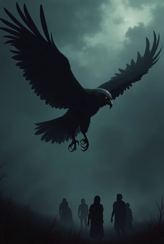 Create a vulture flying quite high in the dark sky stretching its wings but only showing black and people dressed in black 