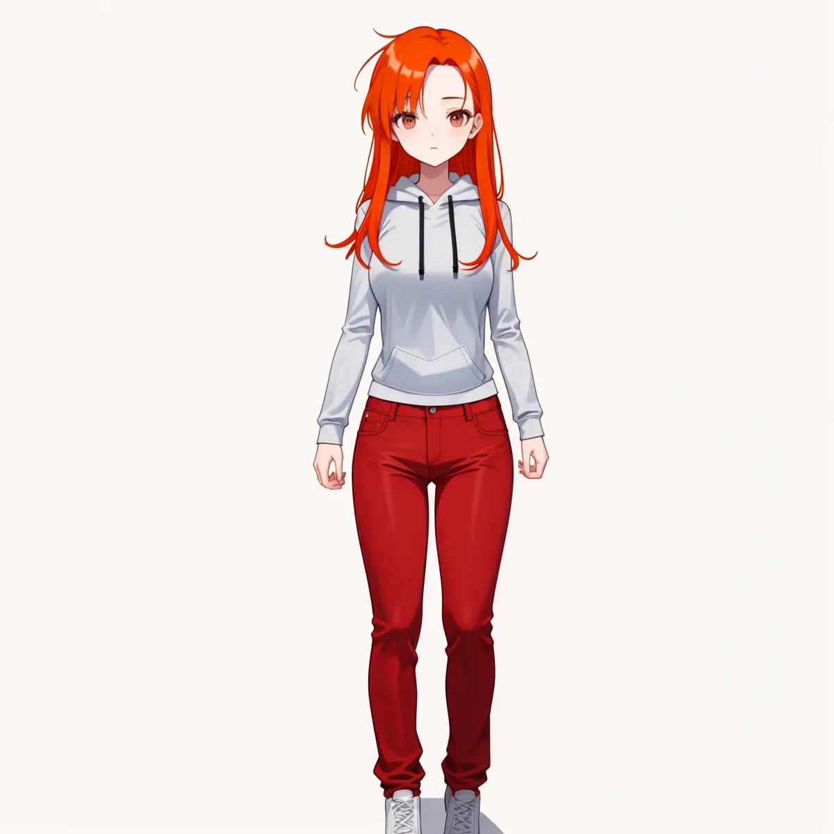 kiệt tác, chất lượng tốt nhất,  ảnh điện ảnh của 1girl, long hair, orange hair, mắt màu xám, Áo khoác hoodie màu xám,  quần đỏ, Large breasts, Làn da trắng sáng, quần jean đỏ, ,  chụp , phim, highres