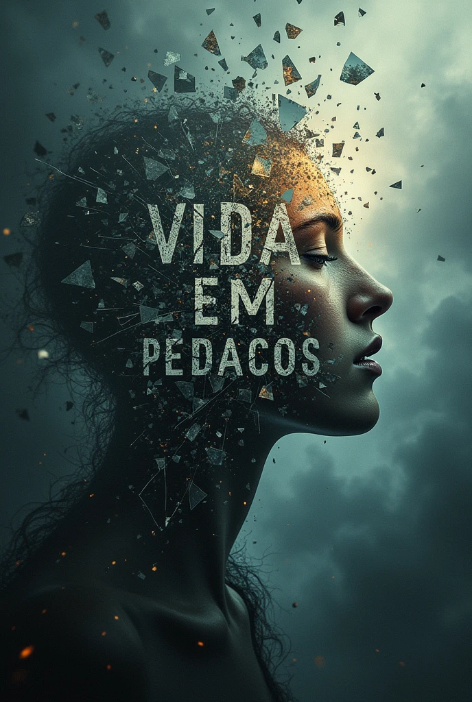 Design a haunting and emotional album cover for the song 'VIDA EM PEDACOS,' capturing the essence of a life in turmoil through fragmented and shattered imagery. The scene should depict a broken, darkened sky with shards of glass or mirrors suspended in mid-air, reflecting a chaotic and fragmented world. Each shard should contain a glimpse of distant memories, distorted reflections, or faint lights, symbolizing the fractured state of the mind and soul. The sky should be painted in deep shades of gray, blue, and black, evoking a sense of melancholy and despair. The overall atmosphere should feel heavy and oppressive, yet with subtle hints of light that represent the possibility of finding strength in the darkness. The title 'VIDA EM PEDACOS' should be written in a distressed, textured font, integrated into the shattered imagery as if the words themselves are breaking apart.
