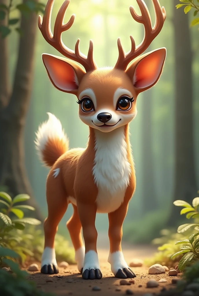 Create a brown deer head chihuahua with white legs and a white tail tip and white chest