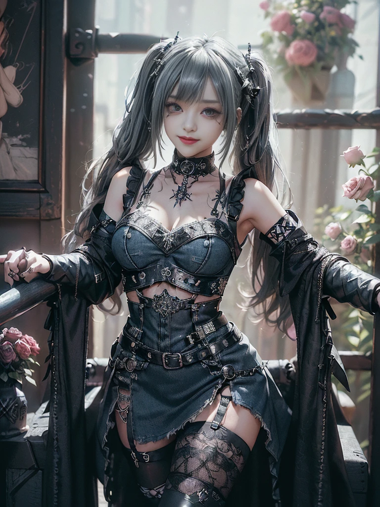 (Smiling with teeth showing:1.3),(Shibuya Gal:1.5)、(Gothic style fashion:1.5)、(Punk rock visual kei:1.4)、(Denim and black and white medieval noble mini skirt dress:1.5)、(Denim and white medieval arm covers and bustier:1.5)、(Denim high heels:1.3)、(Wearing silver accessories:1.5)、(Denim Color:1.4)、(Black Leather Garter Belt:1.4)、(Brown Skin Belt:1.3)、(Black lace underwear:1.5)、20-year-old、Browsing Caution、((Highest quality、In 8K、masterpiece:1.3))、Sharp focus:1.2、(Layered Cut、Huge boobs:1.1),Beautiful woman with perfect figure:1.4、(Dance vigorously:1.3)、Slim Abs:1.2、Highly detailed face and skin texture、Detailed eyes、double eyelid,(Twin tails:1.3)、(Brownish golden hair:1.3)、Idol Sculpture、(The background is outdoors on a sunny day、A VIP room in a high-class cabaret club surrounded by roses.:1.3)、(The body is slim:1.2),(Slimming your legs:1.4),(clavicle:1.1)