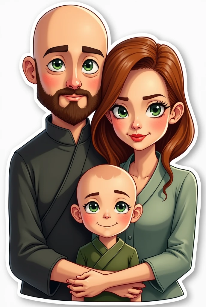A family, A white man, Cao Cao, almost bald, brown beard, greeneyes, next to a white woman de greeneyes com o cabelo castanho-acobreado, straight and without bangs parted in the middle, next to a white woman, greeneyes, curly and blonde hair, illustration style, sticker