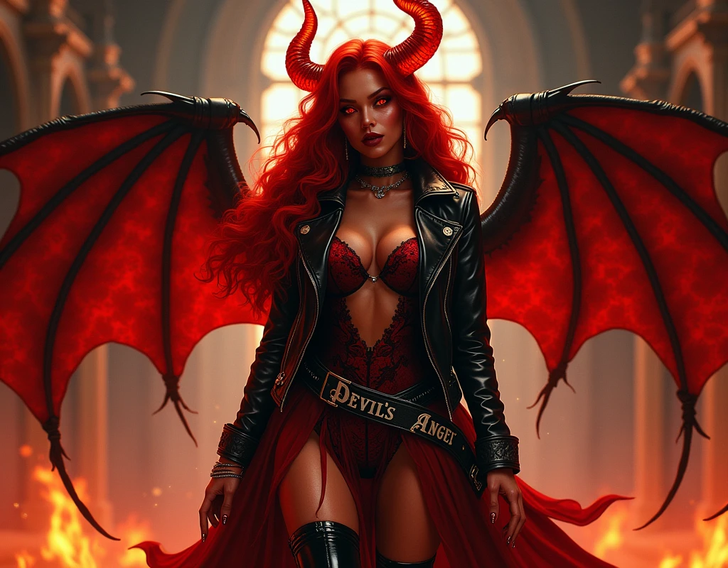 a comic fantasy art of a female devil wearing black leather jacket that has "Devil's Angel" written on it ((full body: 1.5)), exotic beautiful female devil((anatomically correct: 1.5), (ultra detailed face: 1.2), best detailed face, ((red skin: 1.5)), ((fiery glowing eyes: 1.3)), busty, black bat wings, ((black leather jacket: 1.5)), intricate leather jacket, loose leather jacket, glam leather jacket, jacket on fire has (("Devil's Angel" written on it: 1.5), wearing silk dress, (dynamic color dress)), wearing high heeled boots, catholic church background, vibrant, Hyperrealism style, vibrant, Ultra-high resolution, High Contrast, (masterpiece:1.5), highest quality, Best aesthetics), best details, best quality, highres, ultra wide angle, 16k, [ultra detailed], masterpiece, best quality, (extremely detailed) RAW