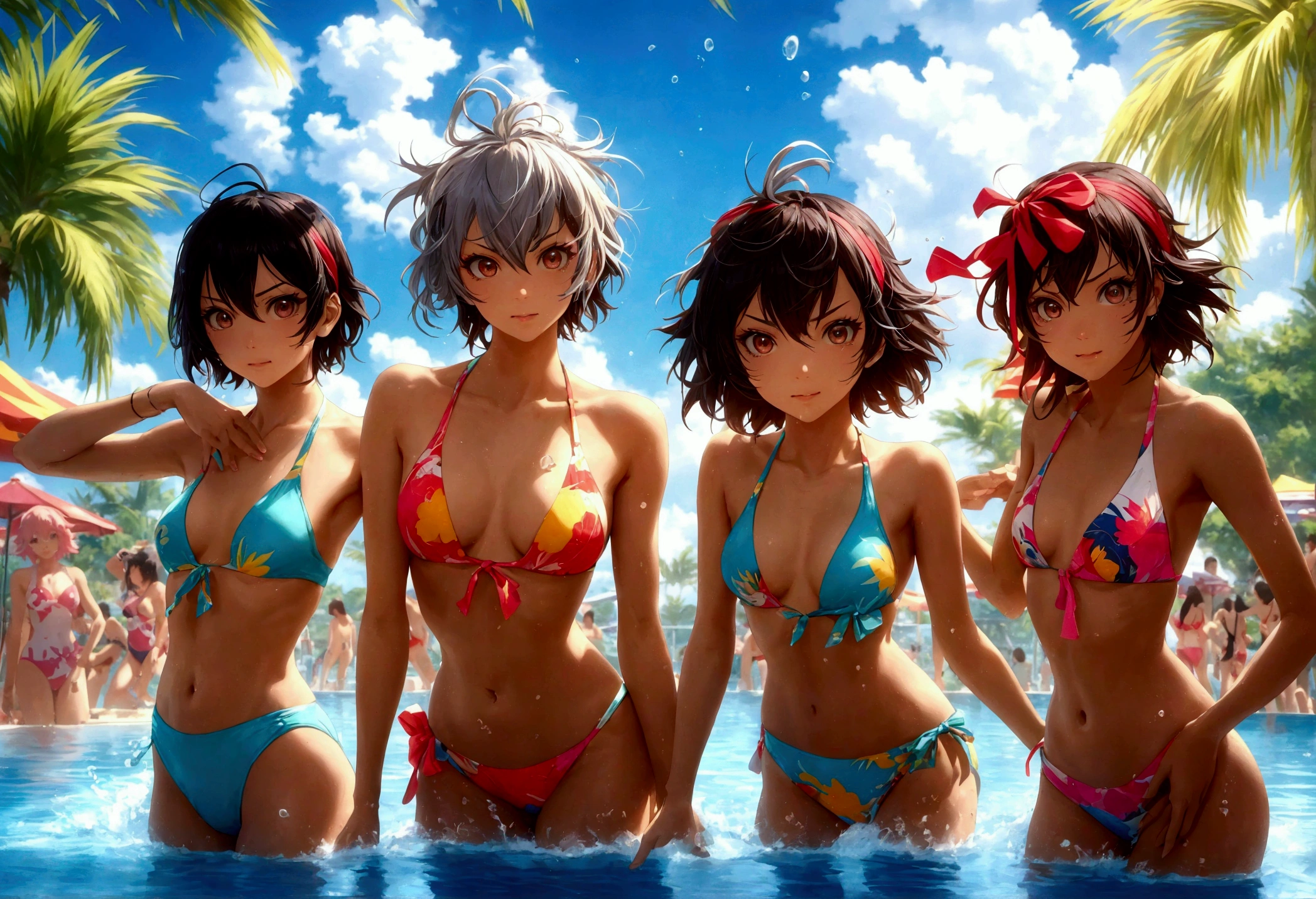 A group of anime characters in swimsuits relaxing at a pool , highly detailed, beautiful scenery, vivid colors, photorealistic, 8K, masterpiece, (best quality,4k,8k,highres,masterpiece:1.2),ultra-detailed,(realistic,photorealistic,photo-realistic:1.37),characters from Kill la Kill, Ryuko Matoi, Satsuki Kiryuin, Mako Mankanshoku, Nonon Jakuzure, Ira Gamagoori, Uzu Sanageyama, Houka Inumuta, Ragyō Kiryūin, colorful swimsuits designed after character's iconic costumes, beautiful detailed eyes, beautiful detailed lips, extremely detailed eyes and face, long eyelashes, detailed facial features, dynamic poses, background with sunny sky, palm trees, pool with crystal clear water, reflections in water, steam rising from water, splashing water, steam, high quality lighting, cinematic composition