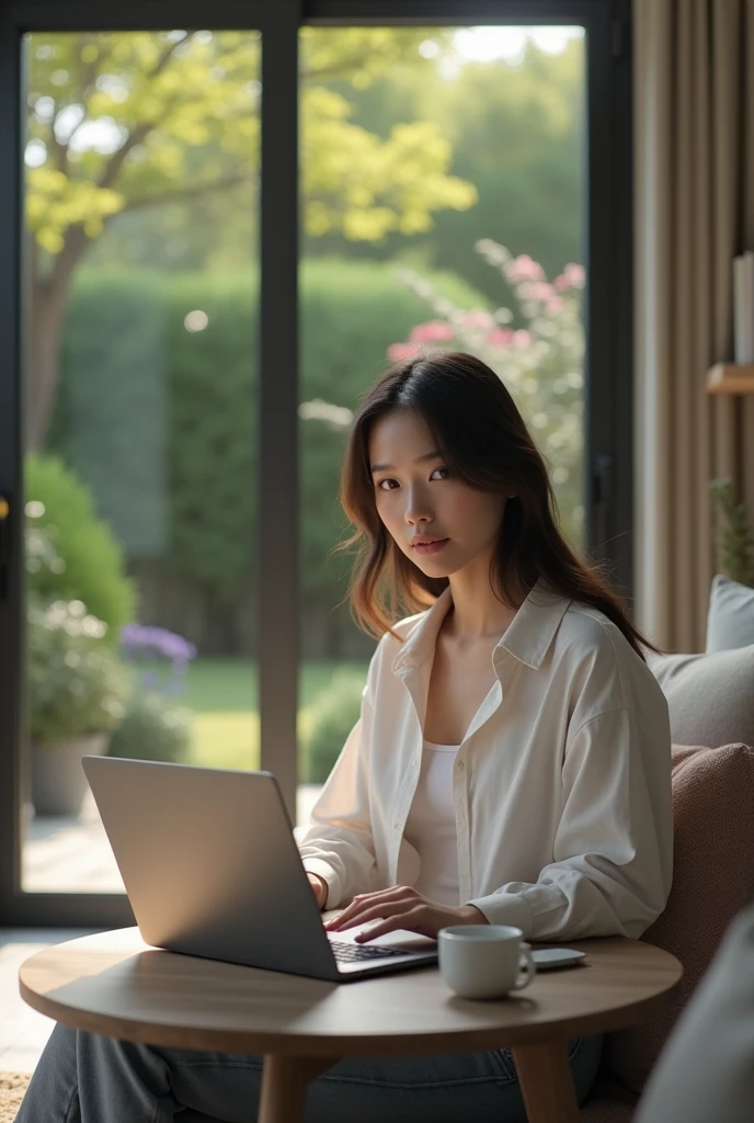 Now create an image of the same 25-year-old girl, in the living room of her modern house, working outdoors on a laptop computer. Looking at the camera. Make sure that the scene looks completely natural and as realistic as possible, exaggeratedly realistic.