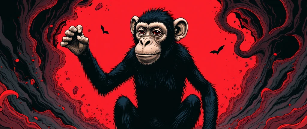 monkey in manga style, with psychedelic background image colored only in black and red