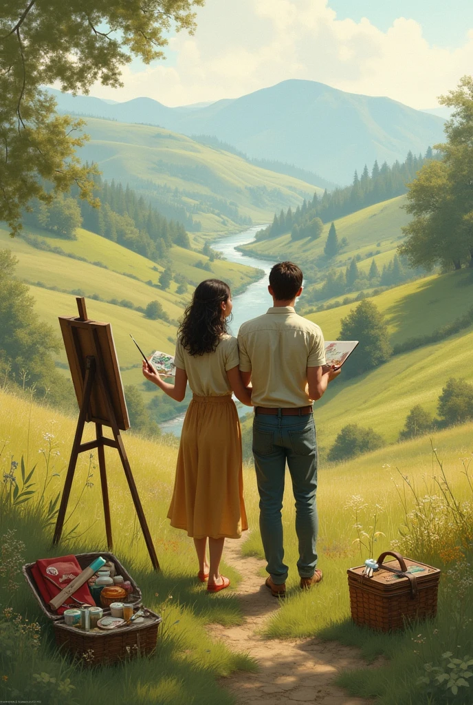 A couple painting in the countryside 