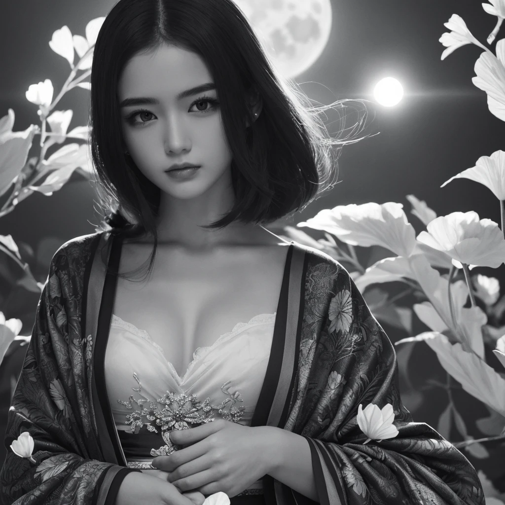 (masterpiece:1,2), Highest quality, masterpiece, High resolution, original, Highly detailed wallpaper, Perfect lighting,geisha, kimono,Bare shoulders,return,Turn return,tattoo,(((Black and White))),Extremely detailed,alone,Cold Eyes,look up,Glowing Eyes,Byeob,moon,Black Hair,petal,