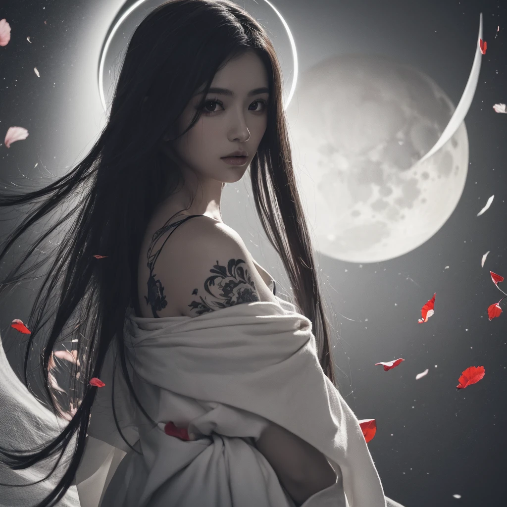 (masterpiece:1,2), Highest quality, masterpiece, High resolution, original, Highly detailed wallpaper, Perfect lighting,geisha, kimono,Bare shoulders,return,Turn return,tattoo,(((Black and White))),Extremely detailed,alone,Cold Eyes,look up,Glowing Eyes,Byeob,moon,Black Hair,petal,